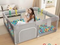 MONSTECH Large Baby Playpen 150x180cm Pit Balls Playpen for Baby up to 5 Years with Anti-Fall Rings, Safety Lock, Breathable Mesh, Kids Activity Center Play Pen (180 * 150-DarkGrey)