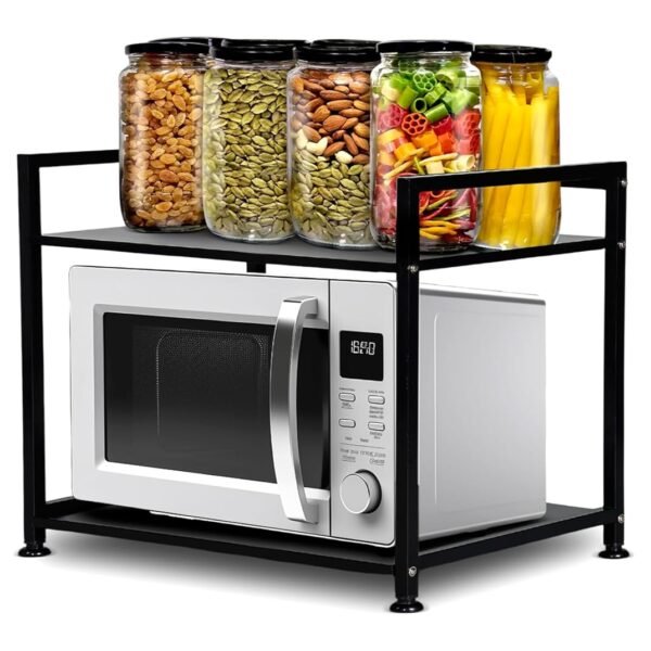 Metal Microwave Stand || Microwave & OTG Stand for Kitchen Counter|| Double Platform for Extra Storage with Hooks|| Kitchen Oven Rack(Black, Tiered Shelf)