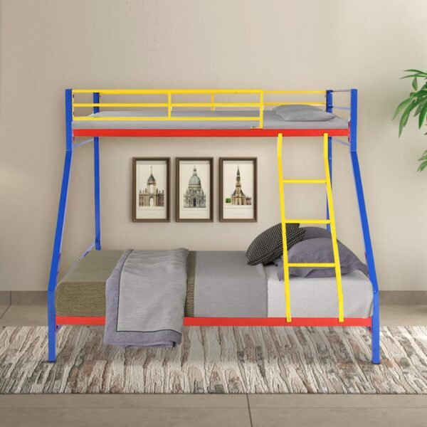 Mia Queen + Single Twin Over Twin Metal Bunk Beds for Kids/Adults | Double Decker Bed for Kids Room Furniture | Frame Only, Mattress Not Included (Red, Blue & Yellow) Glossy