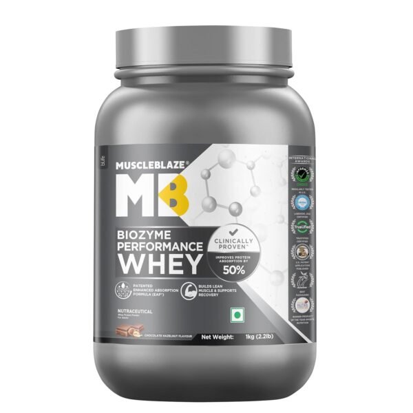MuscleBlaze Biozyme Performance Whey Protein Powder, Chocolate Hazelnut (1kg / 2.2lbs) | 25g Protein Per Scoop | Clinically Tested 50% Higher Protein Absorption