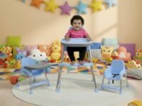 My Giraffe Spotty 3-in-1 Convertible Baby High Chair with Double Tray & Footrest | Easy-to-Clean Feeding & Study Chair for Babies & Toddlers up to 20kg (Light Blue)