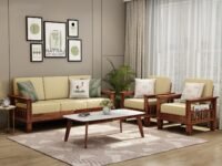 NATRAJ ART & CRAFT Wooden Solid Sheesham Wood 5 Seater Sofa Set with Cream Cushions (5 Seater Sofa | 3+1+1, Teak Finish)