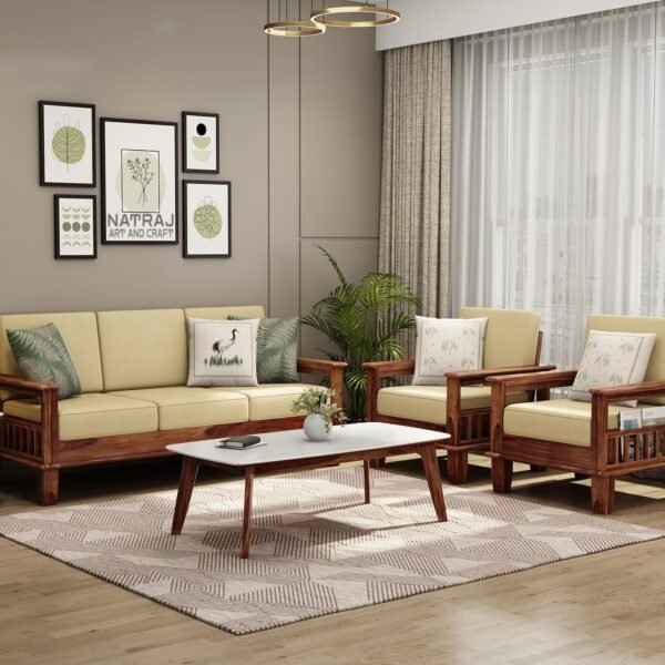 NATRAJ ART & CRAFT Wooden Solid Sheesham Wood 5 Seater Sofa Set with Cream Cushions (5 Seater Sofa | 3+1+1, Teak Finish)
