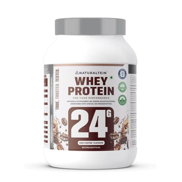 NATURALTEIN Natural Whey Protein – 24g Protein per Serving | Max Coffee Flavour | Stevia Sweetened | No Added Sugar | Non-GMO | Soy-Free & Gluten-Free | Super Mixability | 1 kg