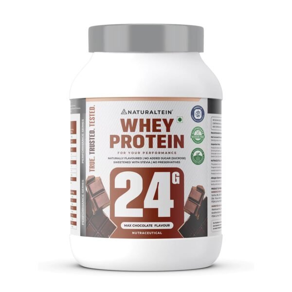NATURALTEIN Whey Protein – 24g Protein per Serving | Max Chocolate Flavour | Stevia Sweetened | No Added Sugar | Non-GMO | Soy-Free & Gluten-Free | Smooth Texture & Super Mixability | 1 kg