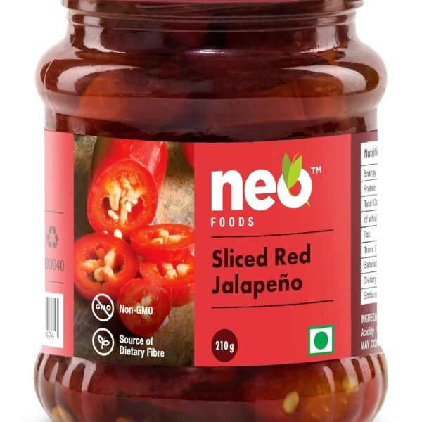 Neo Sliced Red Jalapenos 210g I 100% Vegan I Ready-to-Eat Fibre-Rich Topping for Pizza, Pasta, Snacks and Salads, Non-GMO I (Pack of 1)