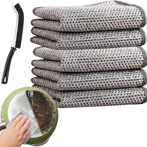 Non Scratch Wire Dish Washing Cloth with Gap Cleaning Brush Wire Rags for Wet and Dry Easy Rinsing Reusable Wire Cleaning Cloth for Kitchen Sink Pots Pans & Gap Cleaning Brush (PK of 3)