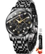 OLEVS Chronograph Watches for Men Original Analog Quartz Black Stainless Steel Chain Luxury Dual Time Zone Moon Phase Date Waterproof Men's Wrist Watch