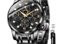 OLEVS Chronograph Watches for Men Original Analog Quartz Black Stainless Steel Chain Luxury Dual Time Zone Moon Phase Date Waterproof Men's Wrist Watch
