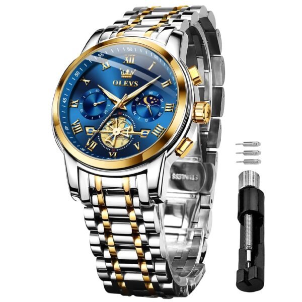 OLEVS Watches for Men Chronograph Business Wrist Watches Analog Quartz Moon Phase Stainless Steel Waterproof Luminous Dress Watches