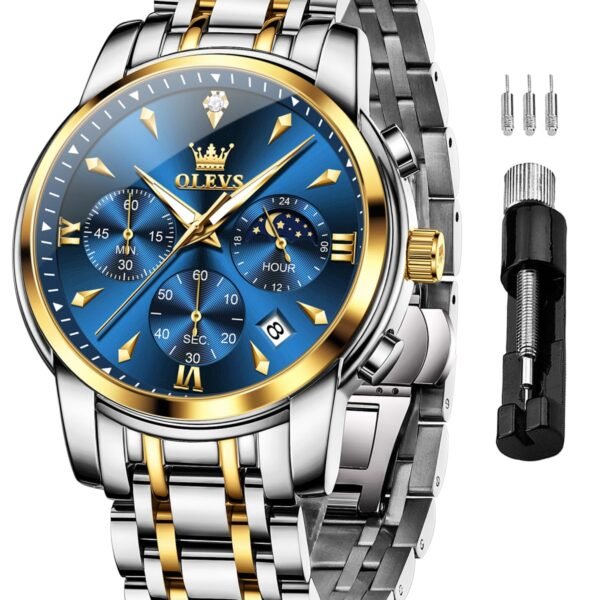 OLEVS Watches for Men Original Chronograph Luxury Business Analog Quartz Watch Waterproof Moon Phase Stainsteel Steel Diamond Mens Watch