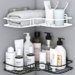 OSWELL Multipurpose Bathroom Corner Storage Organizer Wall Mounted Rack Shelf Shower Caddy | Shelf Adhesive Bathroom Accessories Kitchen Storage Rack (Black & White)