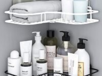 OSWELL Multipurpose Bathroom Corner Storage Organizer Wall Mounted Rack Shelf Shower Caddy | Shelf Adhesive Bathroom Accessories Kitchen Storage Rack (Black & White)