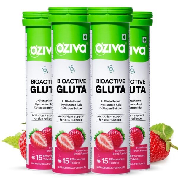 OZiva Bioactive Glutathione Tablets for Radiant Skin - 60 Effervescent Tablets (Pack of 4) | L-Glutathione, Hyaluronic Acid, Lycopene, Vitamin C For Glow & Even Toned Skin | Strawberry Swirl