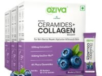 OZiva Phyto Ceramides+ Collagen Builder | For Mositure Retention, Barrier Repair & Hydration Boost | With Suran Extracts, CollabZen & SesZen-Bio | Blueberry Flavour | 90 Sachets (Pack of 3)