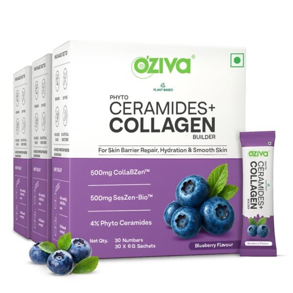 OZiva Phyto Ceramides+ Collagen Builder | For Mositure Retention, Barrier Repair & Hydration Boost | With Suran Extracts, CollabZen & SesZen-Bio | Blueberry Flavour | 90 Sachets (Pack of 3)