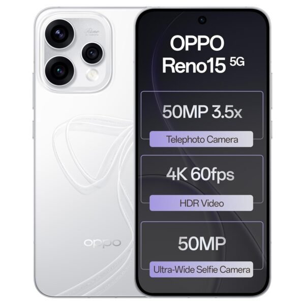 Oppo Reno15 5G (Glacier White, 12GB RAM, 256GB Storage) with No Cost EMI/Additional Exchange Offers