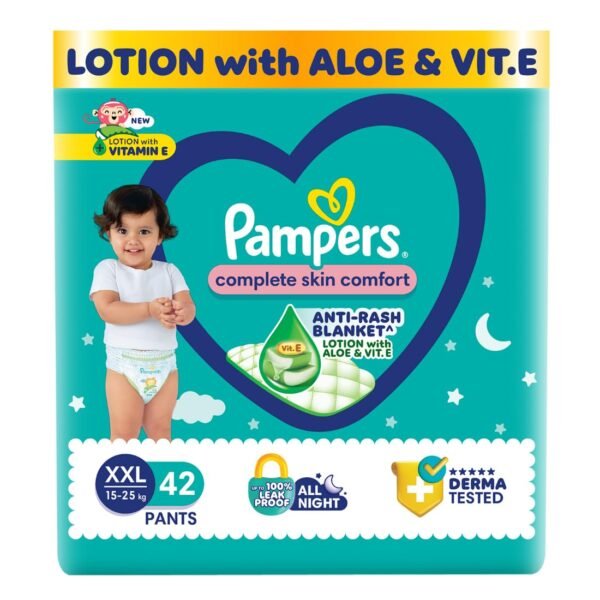 Pampers Complete Skin Comfort Pants, Anti-rash blanket, Lotion with Vitamin E & Aloe Vera,Double Extra Large size baby diapers (XXL) 42 Count,15-25kg