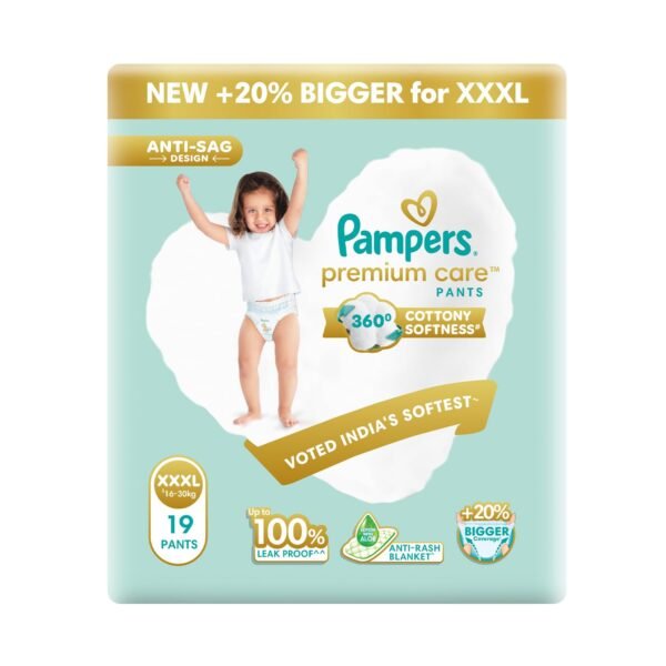 Pampers Premium Care Pant Style Baby Diapers | XXX-Large (XXXL size) | 19 Count | Voted India's Softest | All-in-1 with 360 Cottony Softness Diapers | 16-30 kg