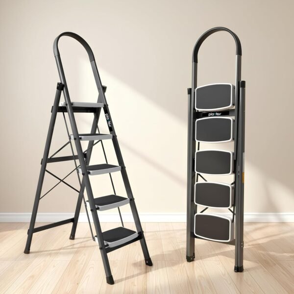 Plantex Steel 5 Step Ladder for Home/Wide Anti Skid 5 Step Ladder Foldable/5 Year Manufacturer Warranty By Plantex (Gray & White)