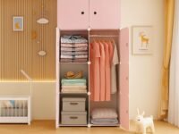 Plastic Wardrobe for Kids-Cupboard for Clothes, Almirah for Clothes, Baby Collapsible Wardrobe, Multi-Purpose Kids Storage Rack for Home Toy Kitchen Floor, Sink Living Room (Pink, 8-Door)
