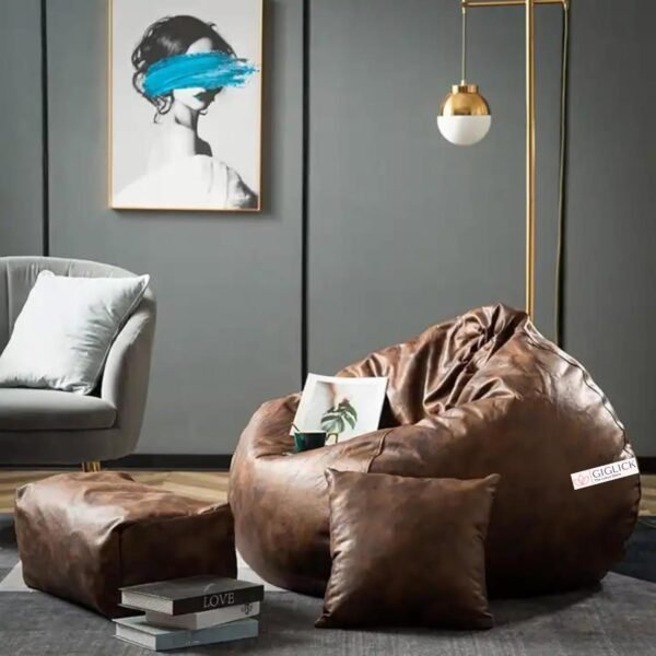 Premium Imported Soft Vegan Leather Bean Bag with Rectangular Footrest and Comfy Cushion with Beans Filled I Ready to Use Bean Bag Chair Color- (XXL, Brown)