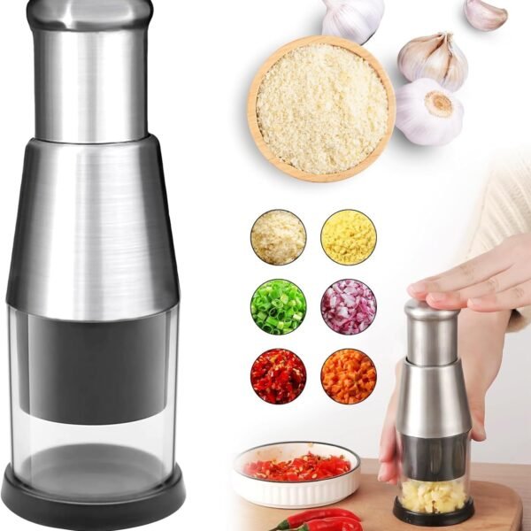 Pressed Garlic Chopper - Multifunctional Hand Press Chopper Kitchen Tool - Stainless Steel Garlic Masher for Mincing Garlic, Slicing Peppers and Onions