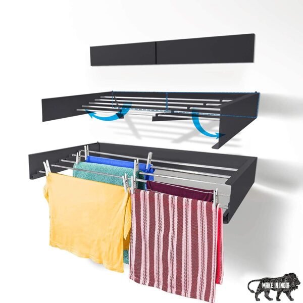 Purnima Marketing Clothes Drying Rack - Wall Mounting | Folding Stainless Steel Collapsible Space Saver with 138 inch Drying Capacity, Cloth Dryer Stand - Made in India (Black)