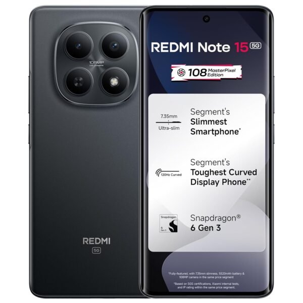 REDMI Note 15 5G (Black, 8GB RAM 256GB Storage) | 108MP OIS Camera | Snapdragon 6 Gen 3 | 17.2cm Tough Curved AMOLED Screen | Segment's Slimmest Phone | 5520mAh Battery | 45W Fast Charging