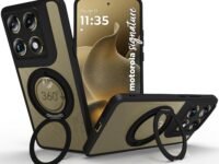 RIGGEAR Shockproof Sleek Hybrid Armor 360° Rotating Magnetic Ring Stand Back Cover Case Compatible with MagSafe Accessories for Motorola Moto Signature 5G (Clear PC + Black TPU Bumper)