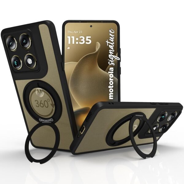 RIGGEAR Shockproof Sleek Hybrid Armor 360° Rotating Magnetic Ring Stand Back Cover Case Compatible with MagSafe Accessories for Motorola Moto Signature 5G (Clear PC + Black TPU Bumper)