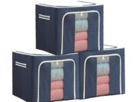 Raggle 2 PCS polycotton Clothes Storage Organizer Bins, Foldable Storage Bins-Cloth Steel Frame Storage Box with Foldable Clear Window & Reinforced Handles (Blue, 100L-2)