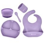 SNOWIE SOFT® 5pcs Silicone Tableware Kit for Baby Foodgrade Silicone Tableware Kit Baby Plate & Bowl with Sucker,Cup,Spoon Bib Food Grade BPA-Free Dishwasher & Microwave Safe Product