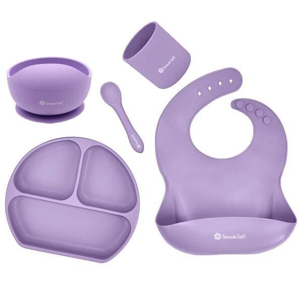 SNOWIE SOFT® 5pcs Silicone Tableware Kit for Baby Foodgrade Silicone Tableware Kit Baby Plate & Bowl with Sucker,Cup,Spoon Bib Food Grade BPA-Free Dishwasher & Microwave Safe Product