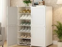 Shoe Rack Plastic for Home- Slipper Stand, Chappal Stand, Professional Multipurpose Printed Foldable Standing Comfort Runner Shoe Rack, Utility Shelf (Cream White, 12 Shelf 4 Door)