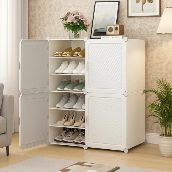 Shoe Rack Plastic for Home- Slipper Stand, Chappal Stand, Professional Multipurpose Printed Foldable Standing Comfort Runner Shoe Rack, Utility Shelf (Cream White, 12 Shelf 4 Door)