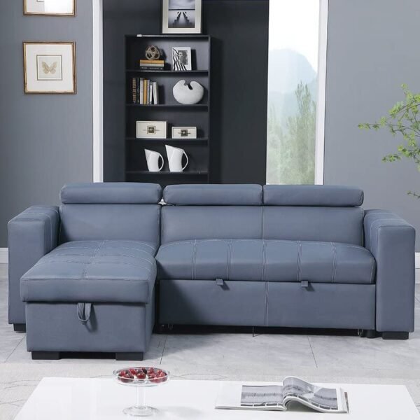 Sofa Cum Bed, Modern Sectional Sofa Bed with Pulled Out Bed, Reversible Sleeper Sofa Chaise with Storage and 2 Stools-33'' H x 92.5'' W x 58'' D (Grey with Black)