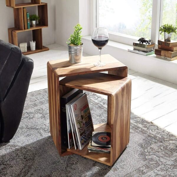 Solid Sheesham Wood Cube Nesting Tables Set Nightstand Side Stool for Living Room Bedroom Home Wooden Nesting Table Set of 2 Solid Wood Nesting Table (Natural Finish)