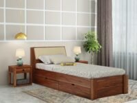 Solid Sheesham Wood Mayor Single Size Bed with 2 Drawer Storage and Headboard Storage for Bedroom Wooden Single Beds Home Furniture for Living Room Hotels (Honey Finish)