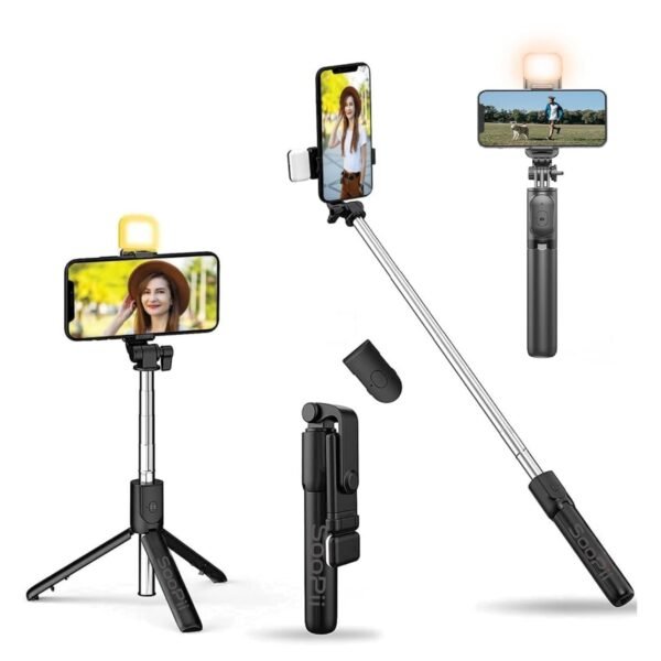 SooPii Selfie Stick Tripod with Fill Light, 7.5-28inch Phone Tripod Stand with Wireless Remote, 3 in 1 Multifunctional Extendable Selfie Stand, Gimbal Mobile Stick Perfect for Selfies/Live Streaming