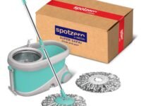 Spotzero by Milton Prime Stainless Steel Wringer Spin Mop with Big Wheel, Puller Handle, Bucket Floor Cleaning and Mopping System 360° Flexible,2 Microfiber Refills, Big Size, Aqua Green