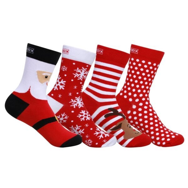 Supersox Christmas Crew Socks for Men & Women - Breathable Combed Cotton - Sweat Absorbent - Anti Odour, Ideal for Gifts, Free Size, Pack of 4 (Santa, Reindeer, Snow Flakes & Polka dots)
