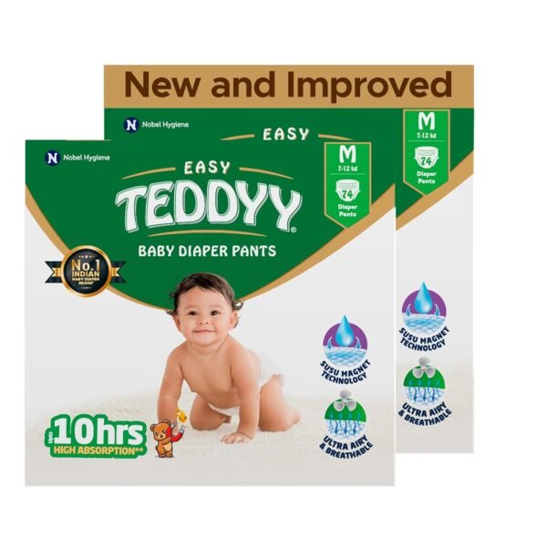 TEDDYY Easy Baby M Size Diaper Pant Style | 148 Count (Medium) | 7–12 kg (Pack of 2) | Long Protection Hours | Anti-Bacterial | Airy Breathable Fit | Rapid Soaker Channels with Wetness Indicator