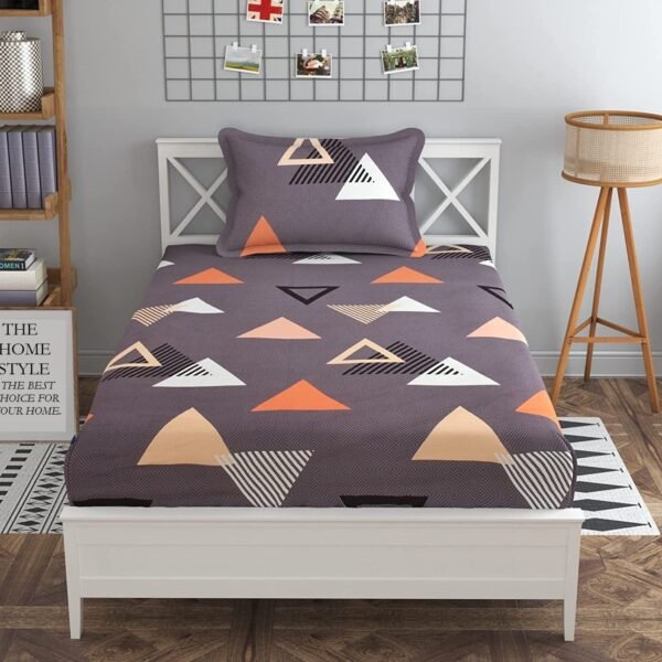 THE HOME STYLE Cotton Feel Glace Cotton Elastic Fitted All Around Printed Full Length Single Bed Bedsheet With 1 Pillow Cover 300 TC (36"X78", Graphite Triangle)