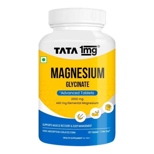 Tata 1mg Magnesium Glycinate Tablets |2000mg | High Absorption Chelated form for Muscle Recovery, Sleep & Nerve Health | 2000mg Per Serving – 120 Veg Tablets