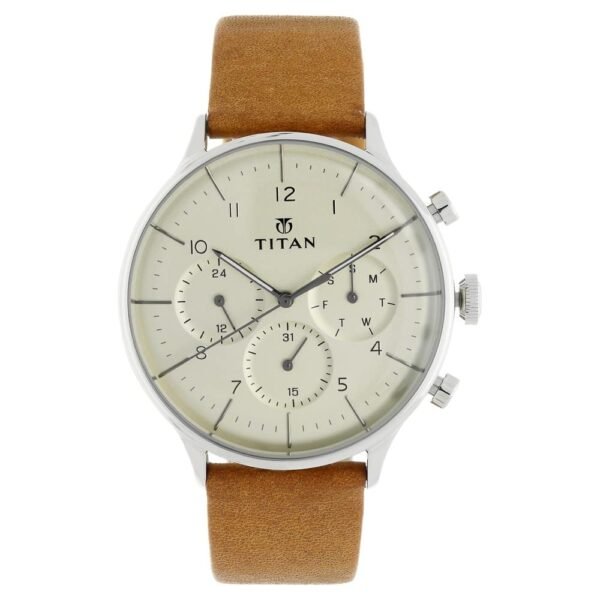 Titan On Trend Quartz Multifunction Beige Dial Tan Leather Strap Watch for Men - NT90102SL01