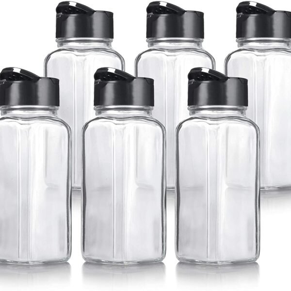 Transparent Glass Salt & Pepper Shaker Condiment Set Holder Dispensers Oregano and Chilly Flakes Dispenser with Black Two Sided Sifter Cap for Home & Kitchen Pack of 6 (100Grm Each)
