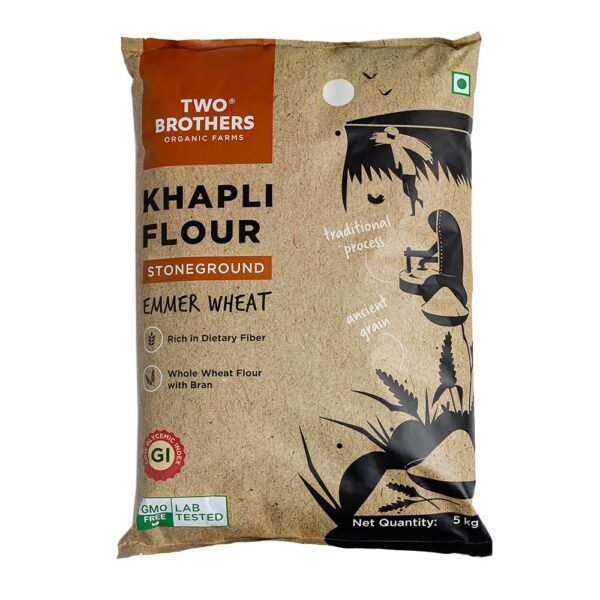 Two Brothers Organic Farms - Khapli Wheat Flour (5kg) | Low-Gluten Wheat Flour | High Dietary Fiber for Easy Digestion | Stoneground Emmer | Khapli Atta | India's Only Certified Glyphosate Free Atta