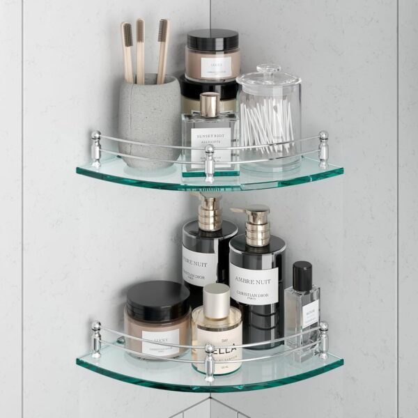 USF Bath Accessories Glass Corner Bathroom Shelves | Supreme Wall Mounted Bathroom Corner Shelf | 8mm Glass | Weight Bearing Upto 10 Kg | Corner Rack (9x9 Inches | Transparent | Round | Pack of 2)
