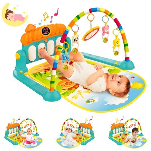 VEBETO Play Gym for Babies 0 to 12 Months (1 Year Warranty) Musical Piano Keyboard Activity Play Mat for Kids Newborn Fitness Rack Hanging Rattles Lights Tunes Music for Baby Boys Girls
